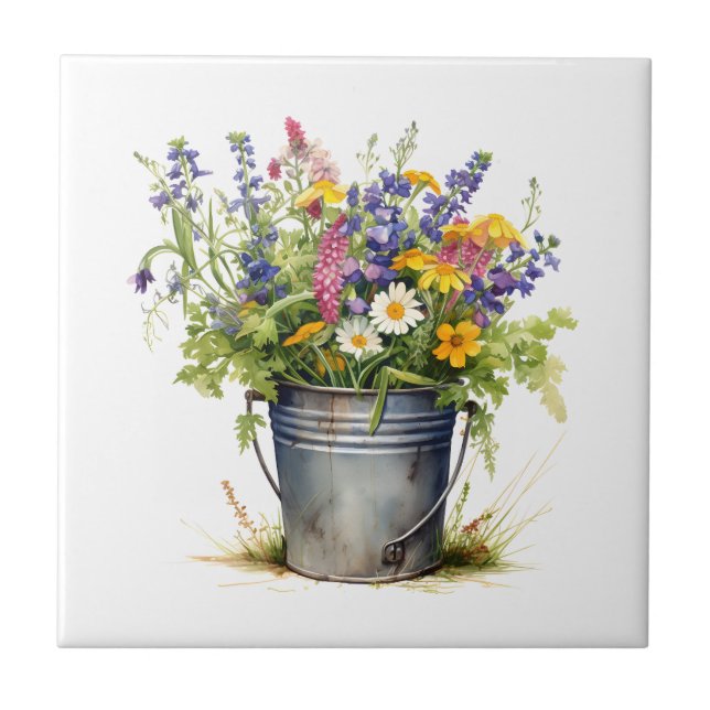 Wild flowers in a bucket ceramic tile (Front)