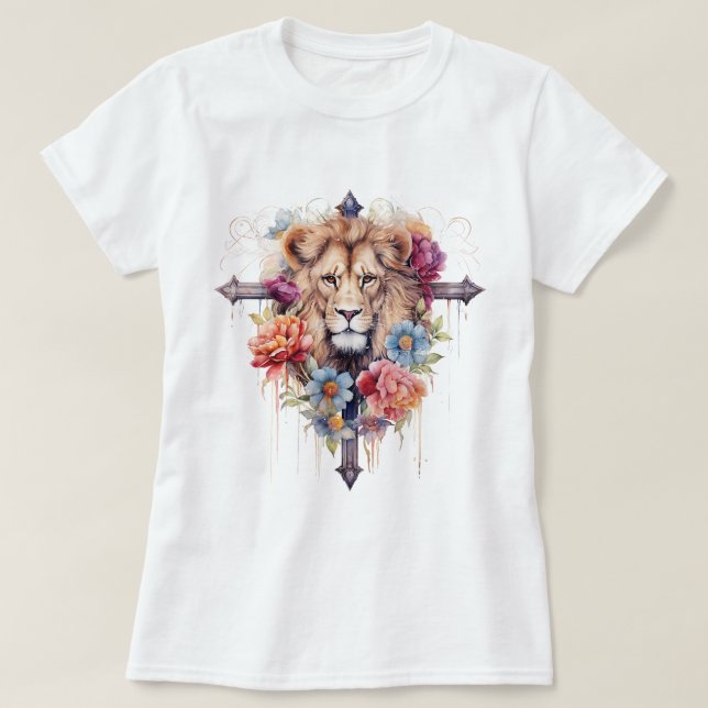 Wild Flowers Lion Of God Christian T-Shirt (Design Front)