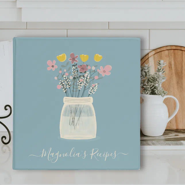 Vintage Blue Floral Personalized Recipe 3 Ring Binder
