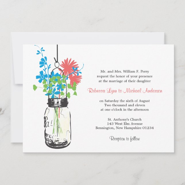 Wild flowers & Mason Jar Wedding Invitations (Front)