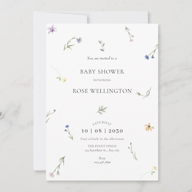 Wild flowers minimalist elegant baby shower invitation (Front)
