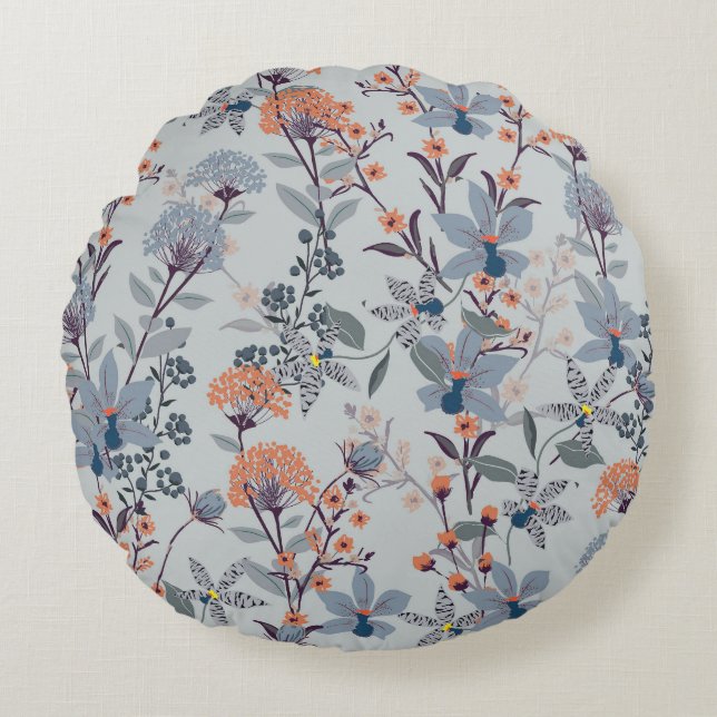 Wild flowers on blue, botanical pattern. round pillow (Front)