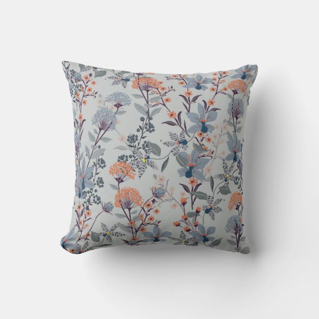 Wild flowers on blue, botanical pattern. throw pillow (Front)