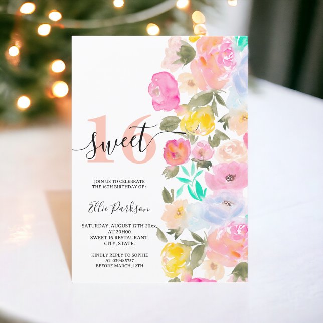 Wild flowers pastel pink meadow garden Sweet 16 Invitation (Wild flowers pastel pink meadow garden Sweet 16 Invitation)