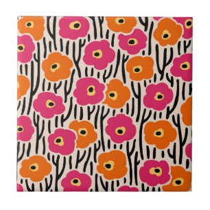 Wild Flowers Pattern Hot Pink and Orange Ceramic Tile