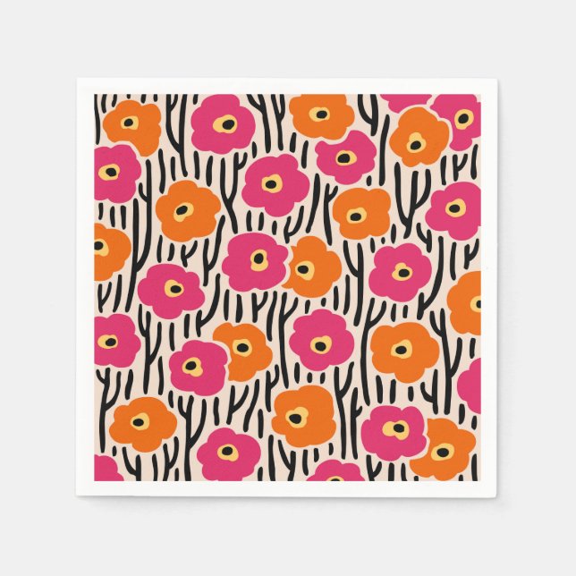 Wild Flowers Pattern Hot Pink and Orange Napkins (Front)