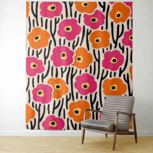 Wild Flowers Pattern Hot Pink and Orange Tapestry