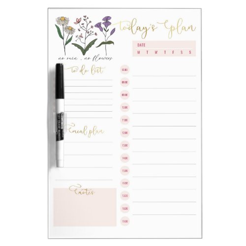 Wild Flowers Pink Gold Daily Planning To Do List Dry Erase Board