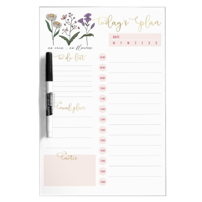 Wild Flowers Pink Gold Daily Planning To Do List Dry Erase Board (Front)