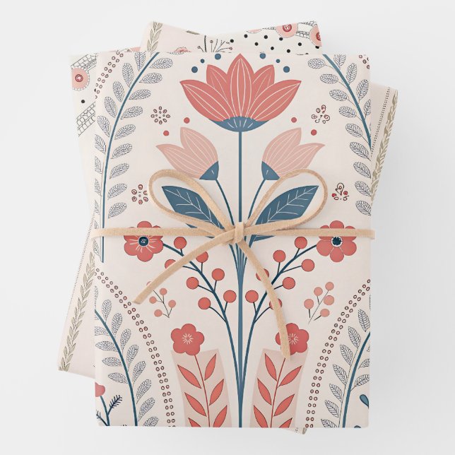 Wild flowers Pink Pastel Botanical Garden Floral Wrapping Paper Sheets (In situ)