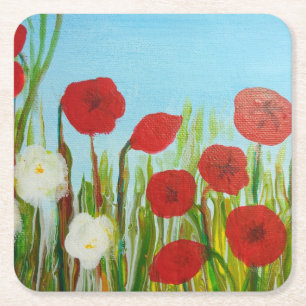 Wild flowers poppies and daisies square paper coaster