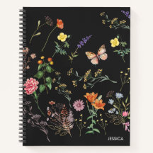 Wild Flowers Pressed Floral Black Name Notebook