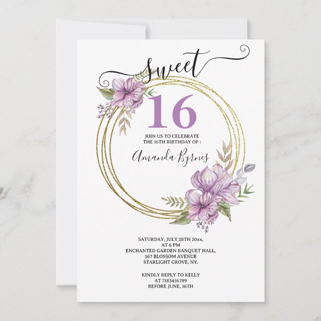 WILD FLOWERS PURPLE FLORAL FRAME MEADOW WATERCOLOR INVITATION (Front)