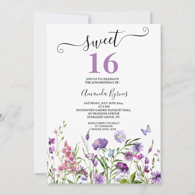 WILD FLOWERS PURPLE FLORAL MEADOW WATERCOLOR INVITATION (Front)