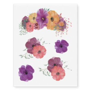 Wild flowers, purple, yellow and pink temporary tattoos