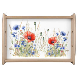 Wild flowers red poppies and blue corn flowers serving tray