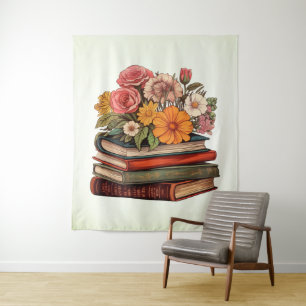 Wild Flowers Retro Books Tapestry