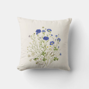Wild Flowers Vintage Botanical Illustration Floral Throw Pillow