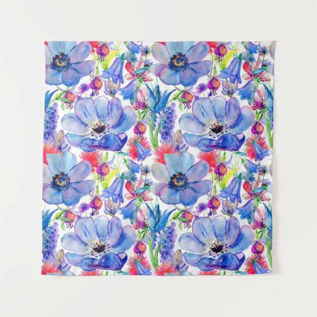 Wild Flowers Watercolor Wallpaper Tapestry (Front)