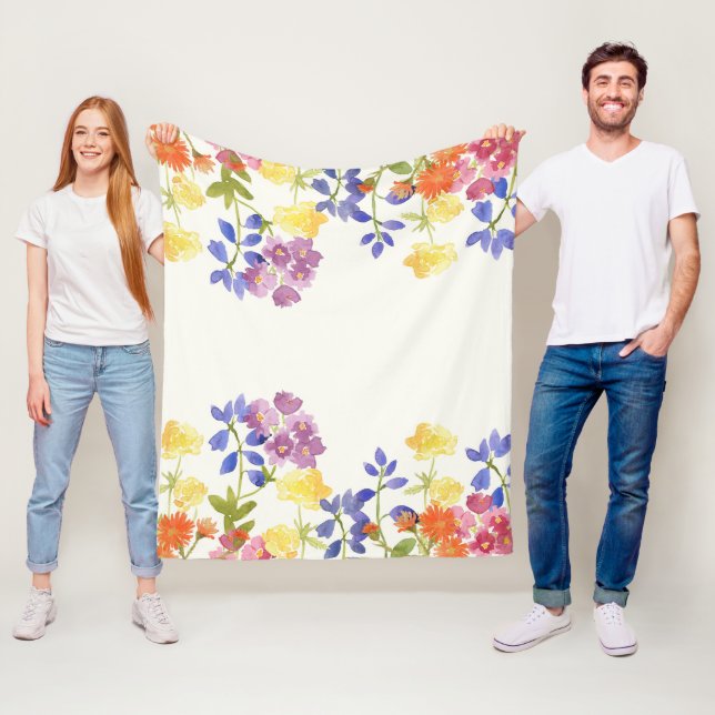 Wild Flowers Watercolour Colorful Fleece Blanket (In Situ)