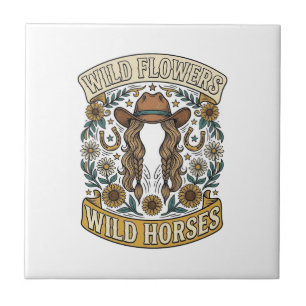 Wild Flowers Wild Horses Vintage Western Floral De Ceramic Tile