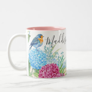 Wild Flowers with Bird Hydrangea Floral Watercolor Two-Tone Coffee Mug