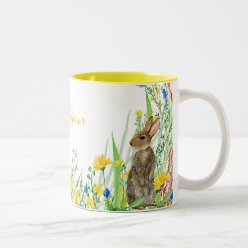 Wild Flowers with Rabbit Floral Watercolor Two_Ton Two_Tone Coffee Mug