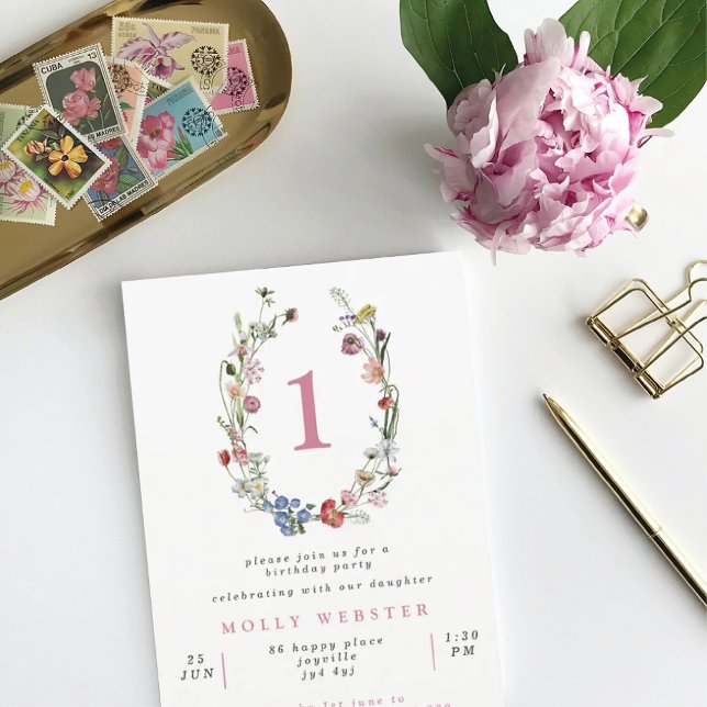 Wild Flowers Wreath Girl's 1st Birthday Party Invitation (Creator Uploaded)