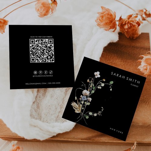 Wild Forest Flora Minimalist Black White QR Code Square Business Card