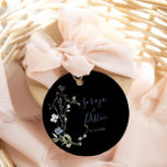 Wild Forest Floral Black Wedding    Classic Round Sticker<br><div class="desc">This wild forest floral black wedding classic round sticker is perfect for a rustic wedding reception. This design features hand-painted watercolor white and blue wild forest flowers with green foliage in a black background.</div>