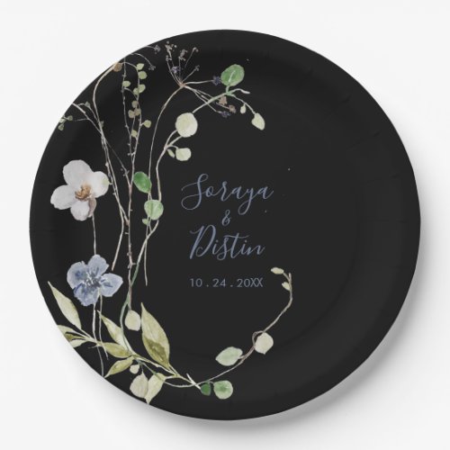 Wild Forest Floral Black Wedding  Paper Plates
