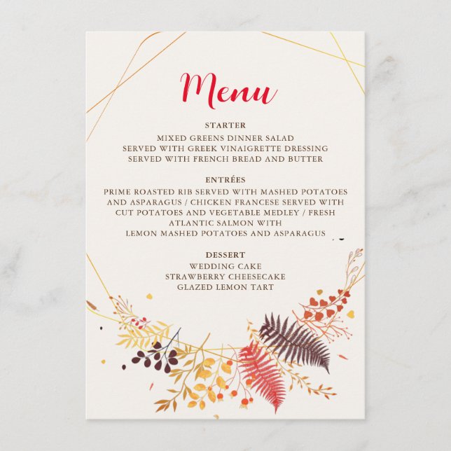 Wild Forest Flowers Fern Mushrooms Foliage Wedding Menu (Front)