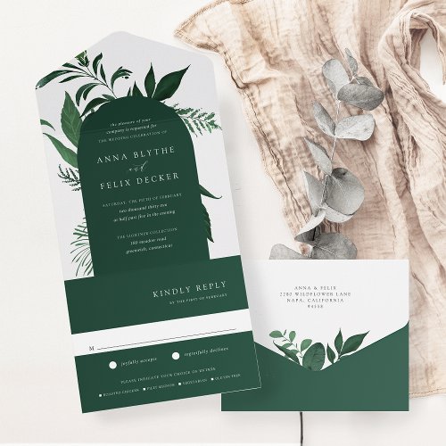 Wild Forest Green Botanical Arch Wedding All In One Invitation
