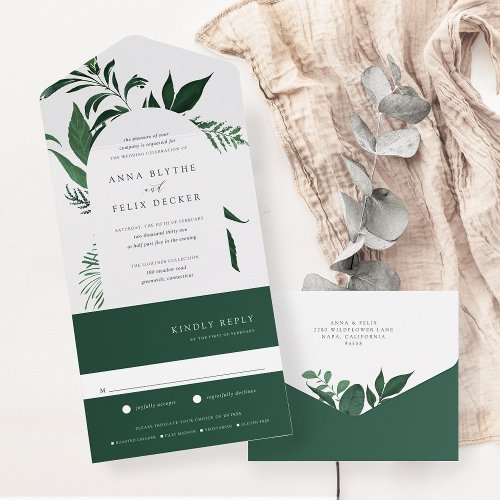 Wild Forest Green Botanical Arch Wedding All In One Invitation