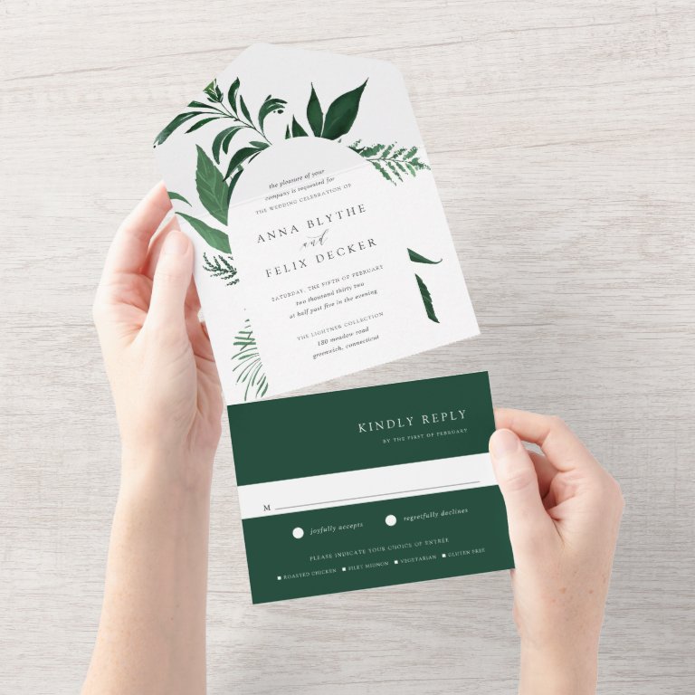 Wild Forest Green Botanical Arch Wedding All In One Invitation