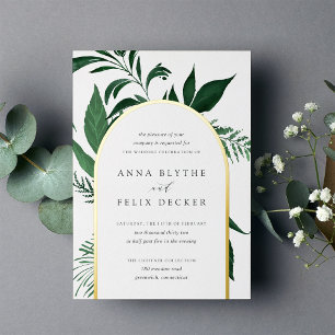 Wild Forest Green Botanical Arch Wedding Foil Invitation