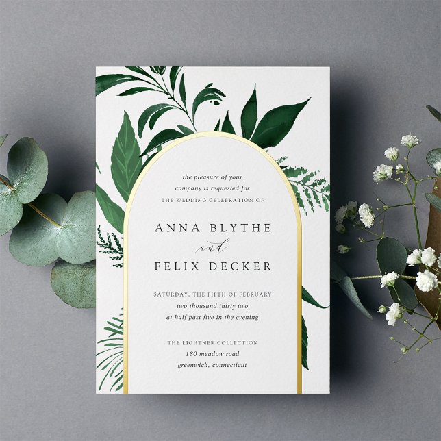 Wild Forest Green Botanical Arch Wedding Foil Invitation (Creator Uploaded)