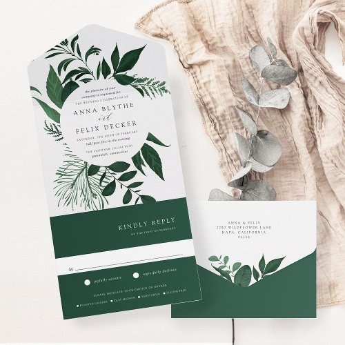 Wild Forest Green Botanical Frame Wedding All In One Invitation
