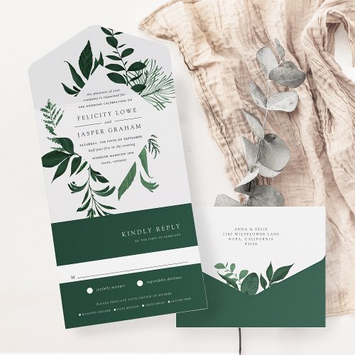 Wild Forest Green Botanical Frame Wedding All In One Invitation