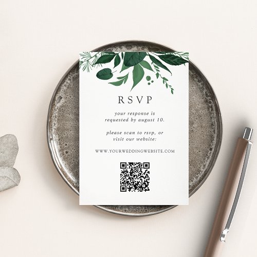 Wild Forest Green Botanical QR Code Wedding RSVP Enclosure Card