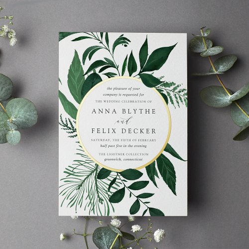 Wild Forest Green Botanical Wedding Foil Invitation