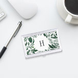 Wild Forest | Monogram Business Card Case<br><div class="desc">Elegant botanical business card holder features your single initial monogram framed by a border of lush watercolor leaves in shades of hunter and forest green,  on a crisp white background. Matching business cards and accessories also available in our Wild Forest collection.</div>
