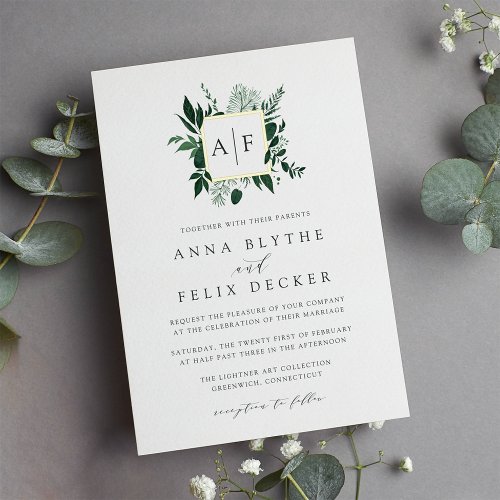 Wild Forest Monogram Wedding Foil Invitation