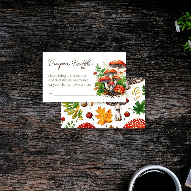 Wild forest mushrooms baby shower diaper raffle enclosure card (Wild forest red mushrooms green fern baby shower diaper raffle enclosure card raffle tickets)