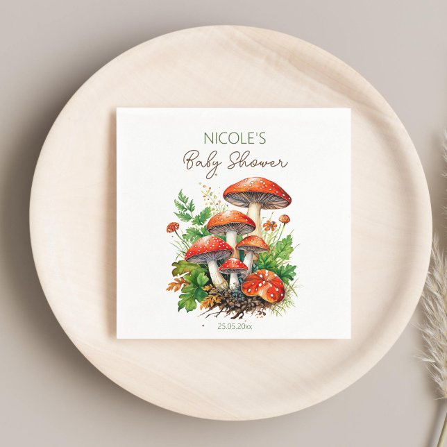 Wild forest mushrooms baby shower printed template napkins (Wild forest red mushrooms fern baby shower monogram printed template napkins personalized decor)