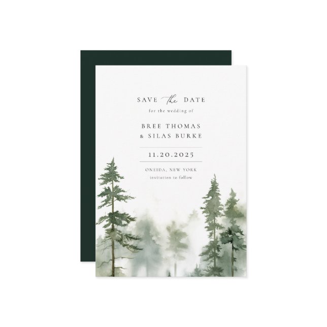 Wild Forest Pine Tree Photo Wedding Save The Date (Front/Back In Situ)