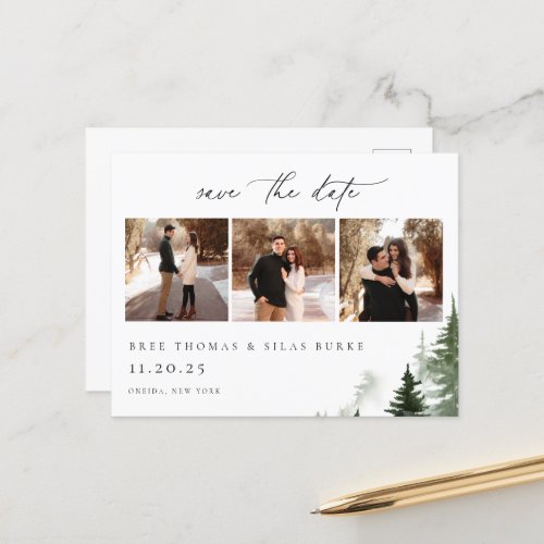 Wild Forest Pines 3 Photo Wedding Save the Date Postcard