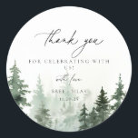 Wild Forest Pines Wedding Thank You Favor  Classic Round Sticker<br><div class="desc">Elegant watercolor forest pine trees,  wedding favor thank you stickers.</div>