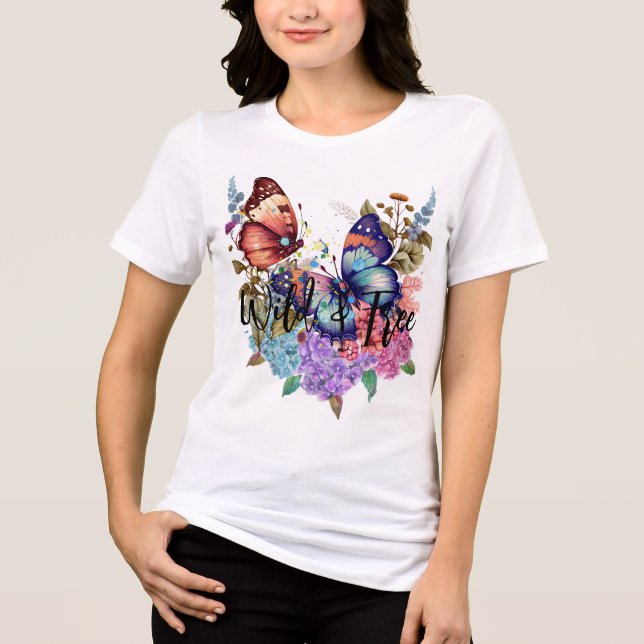 Wild & Free Butterfly Watercolor Flower Tri-Blend Shirt (Front)