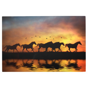 Wild Free Horses in Southwestern Sunset with Pond Metal Print